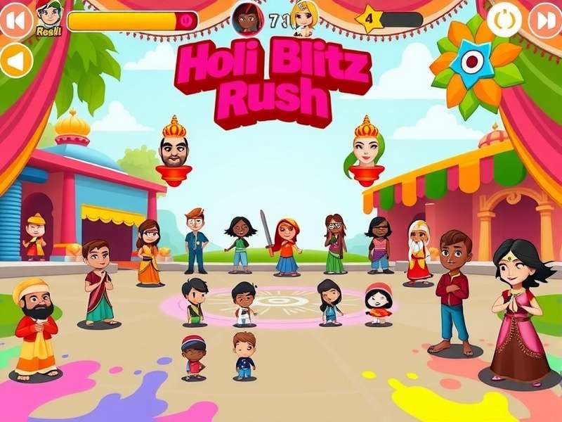 Holi Blitz Rush character selection screen with diverse Indian avatars
